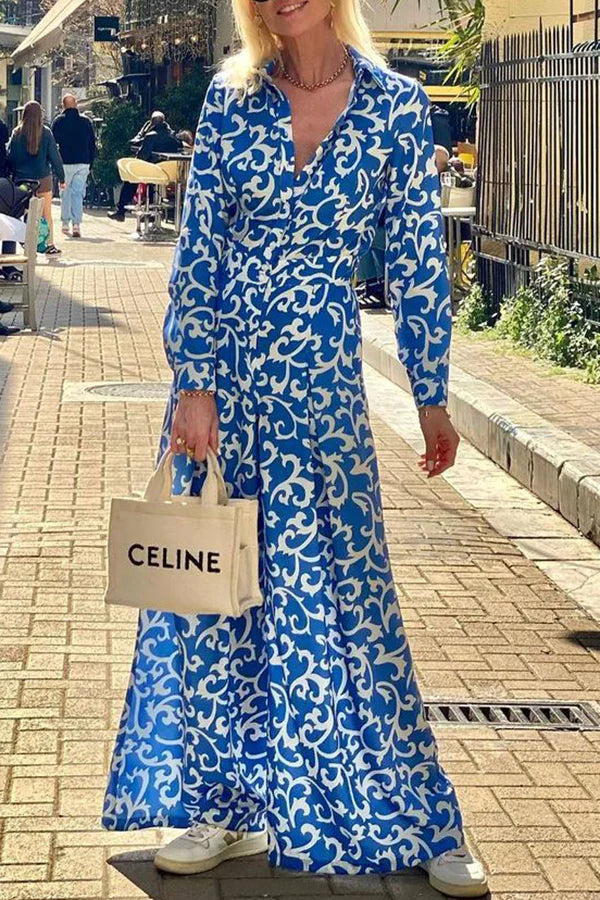 Out-Shine | Print Lapel Button Pocket Long Sleeve Shirt Maxi Dress