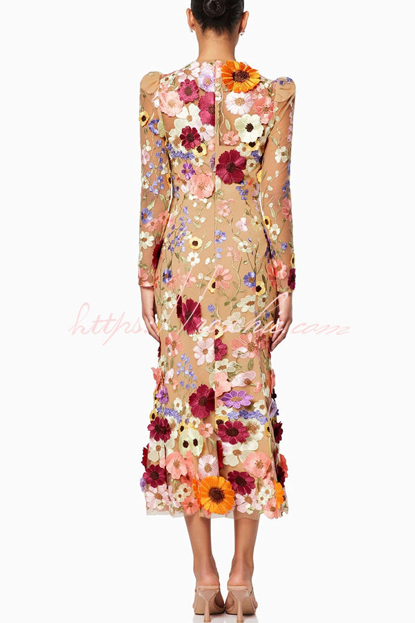 Out-Shine | Refined Charm Embroidered Floral Applique Long Sleeve Fish Tail Midi Dress