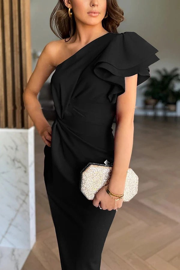 Out-Shine | One Shoulder Tiered Ruffle Sleeve Twist Asymmetrical Slit Gown Maxi Dress