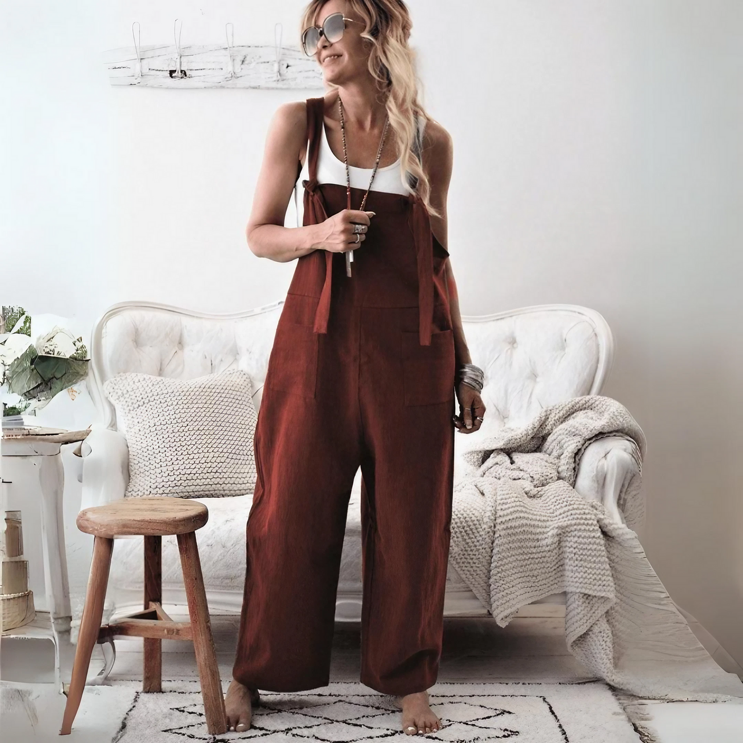Out-Shine | Casual Loose Cotton Linen Solid Pockets Jumpsuit