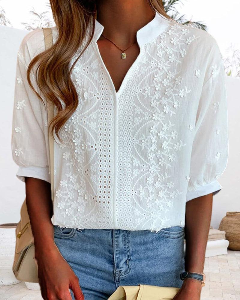 Out-Shine | V-Neck Stand-Up Collar Embroidered Blouse