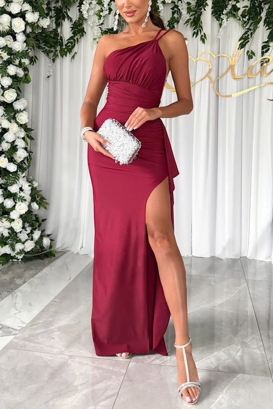 Out-Shine | Love One Shoulder Ruched Waist Ruffle Slit Maxi Dress