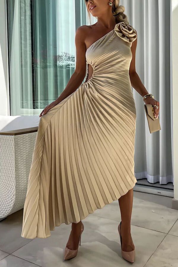 Out-Shine | Nights Satin Raised Flower Elastic Cutout One Shoulder Pleated Maxi Dress