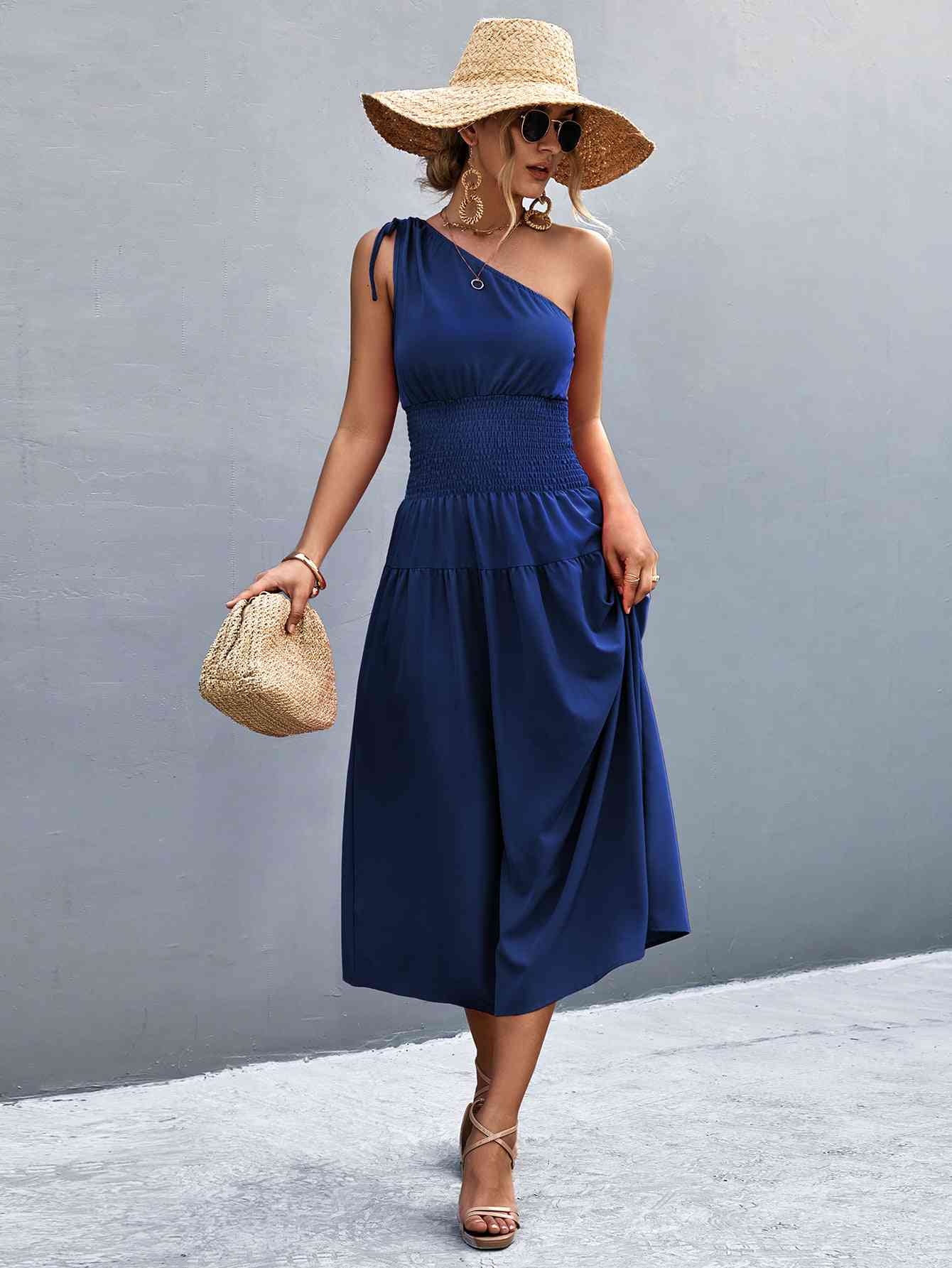 Out-Shine | Asymmetrical One Shoulder Smocked Waist Midi Dress