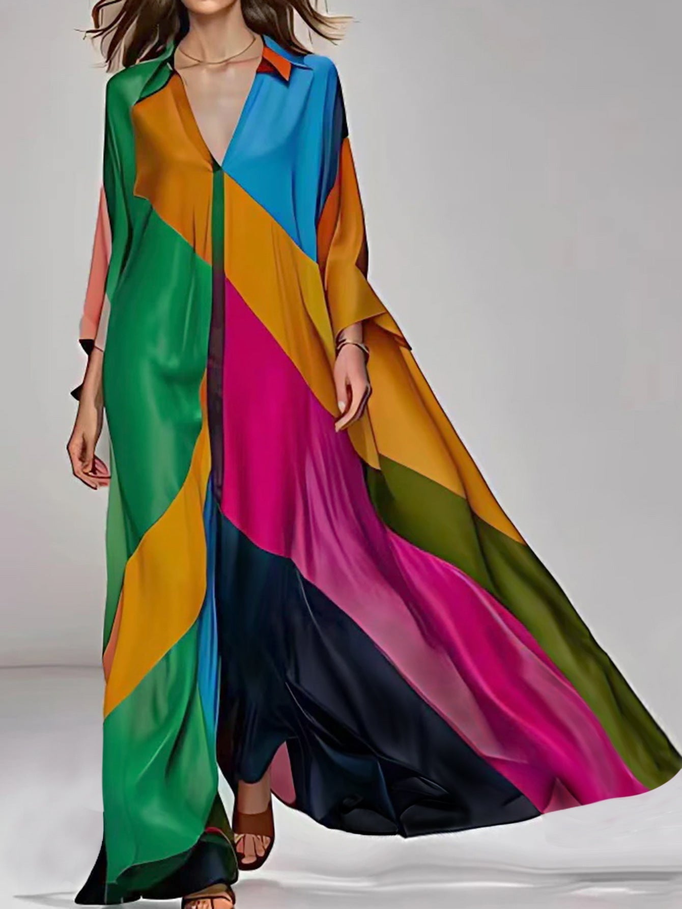 Deslumbra | Vestido largo estampado con escote en V, diseño elegante y fluido