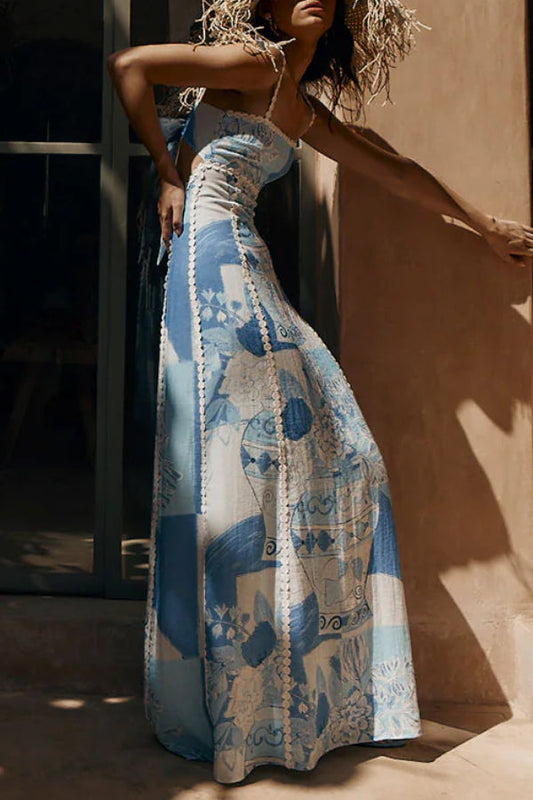 Out-Shine | Print Back Tie-Up Slip Flared Maxi Dress