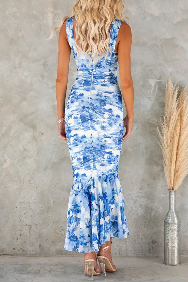 Out-Shine | Perfection Floral Ruched Mesh Overlay Ruffle Hem Maxi Dress