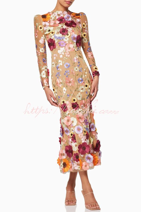 Out-Shine | Refined Charm Embroidered Floral Applique Long Sleeve Fish Tail Midi Dress