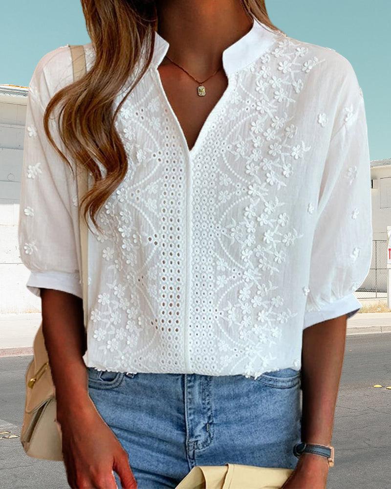 Out-Shine | V-Neck Stand-Up Collar Embroidered Blouse