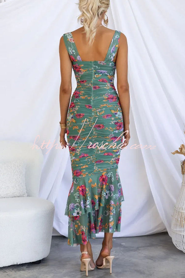 Out-Shine | Perfection Floral Ruched Mesh Overlay Ruffle Hem Maxi Dress