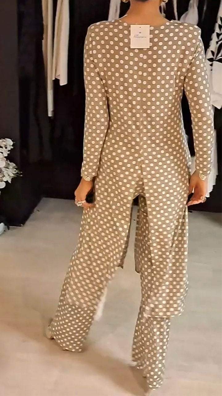 Out-Shine | Women's Round Neck Long Sleeve Polka Dot Print Suit