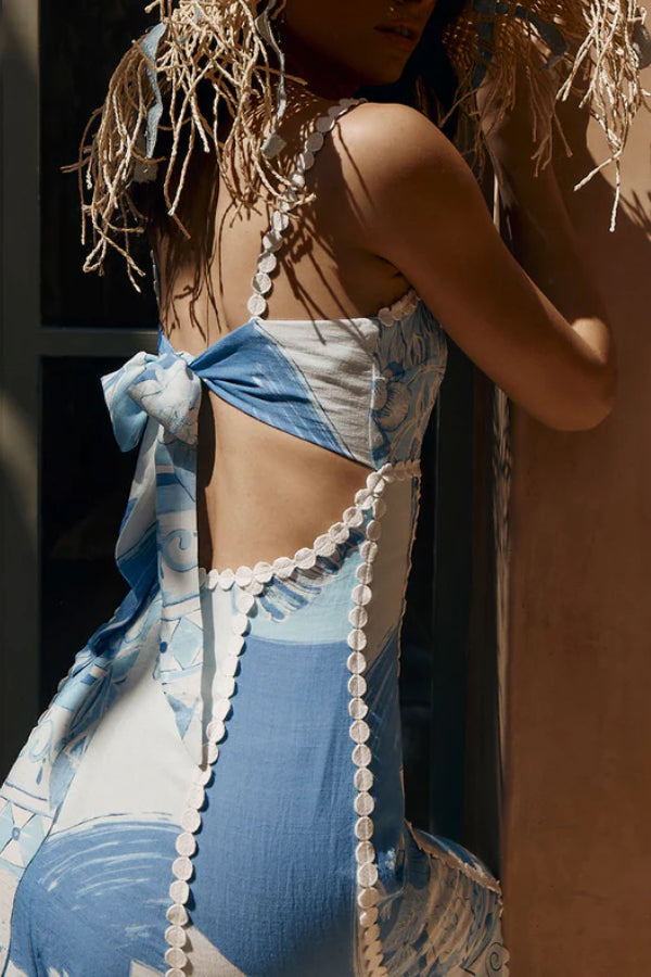 Out-Shine | Print Back Tie-Up Slip Flared Maxi Dress