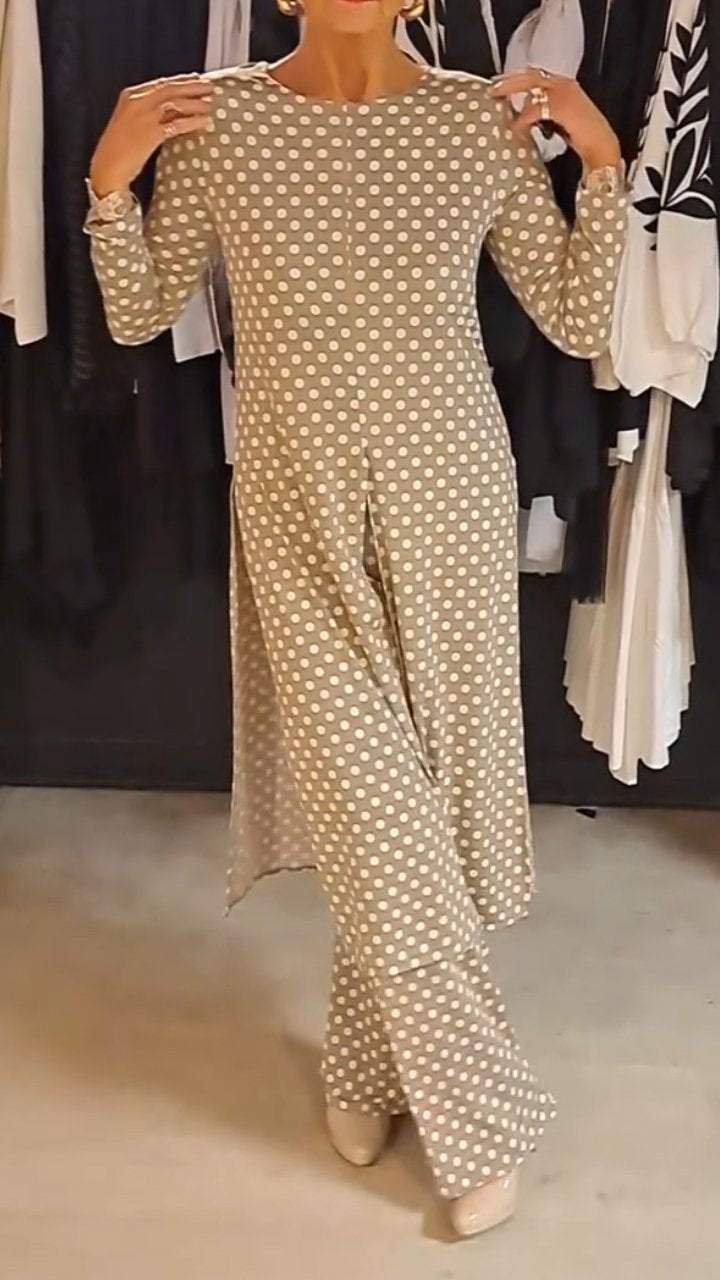 Out-Shine | Women's Round Neck Long Sleeve Polka Dot Print Suit