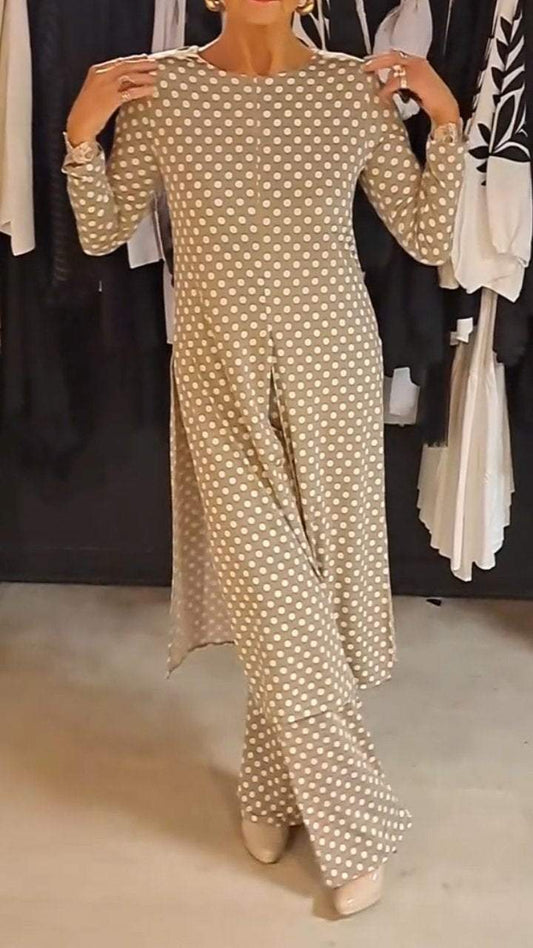 Out-Shine | Women's Round Neck Long Sleeve Polka Dot Print Suit