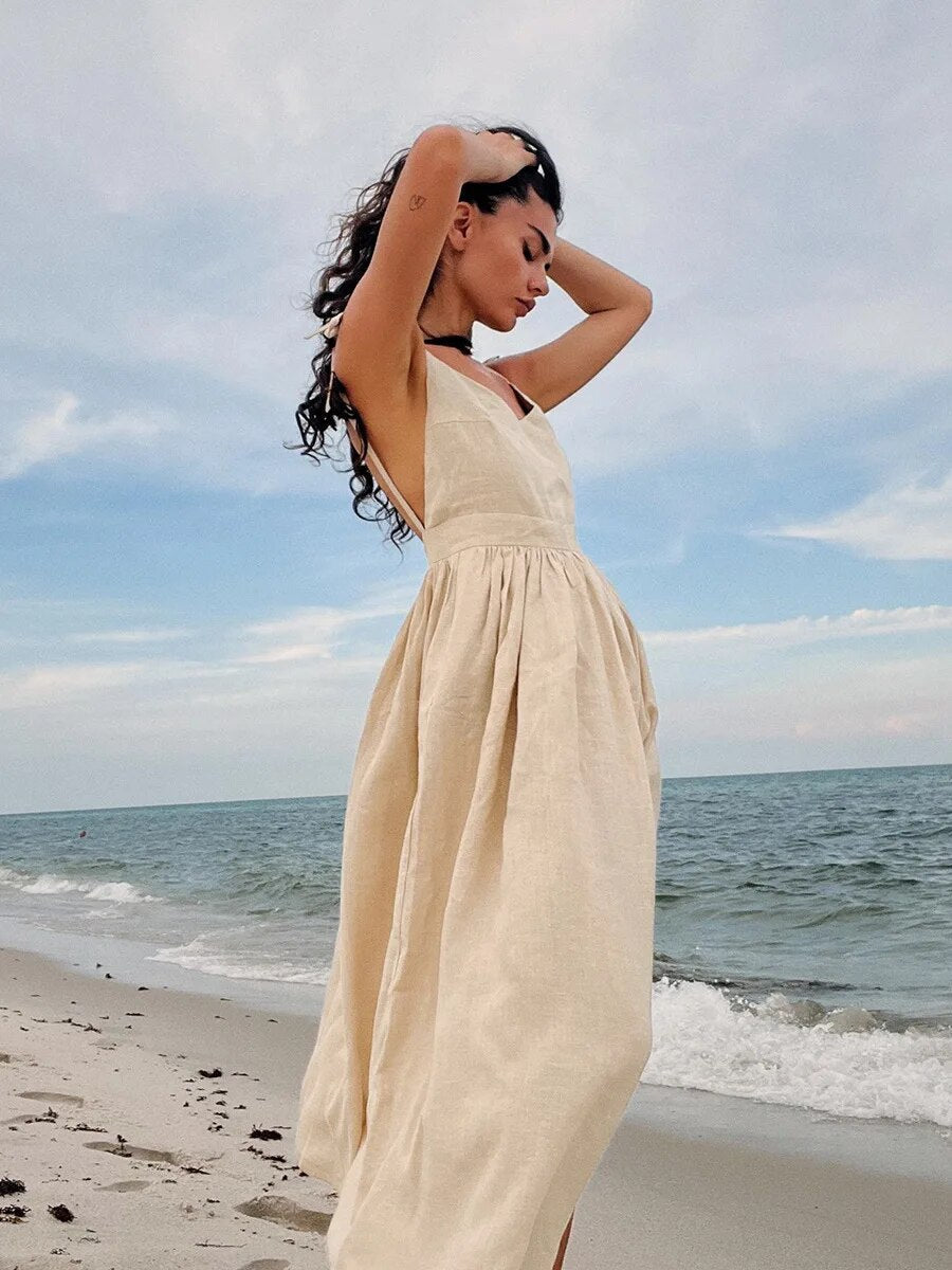 Out-Shine | Women's Linen Maxi Dress Backless