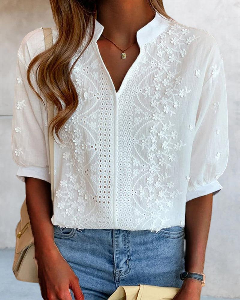 Out-Shine | V-Neck Stand-Up Collar Embroidered Blouse