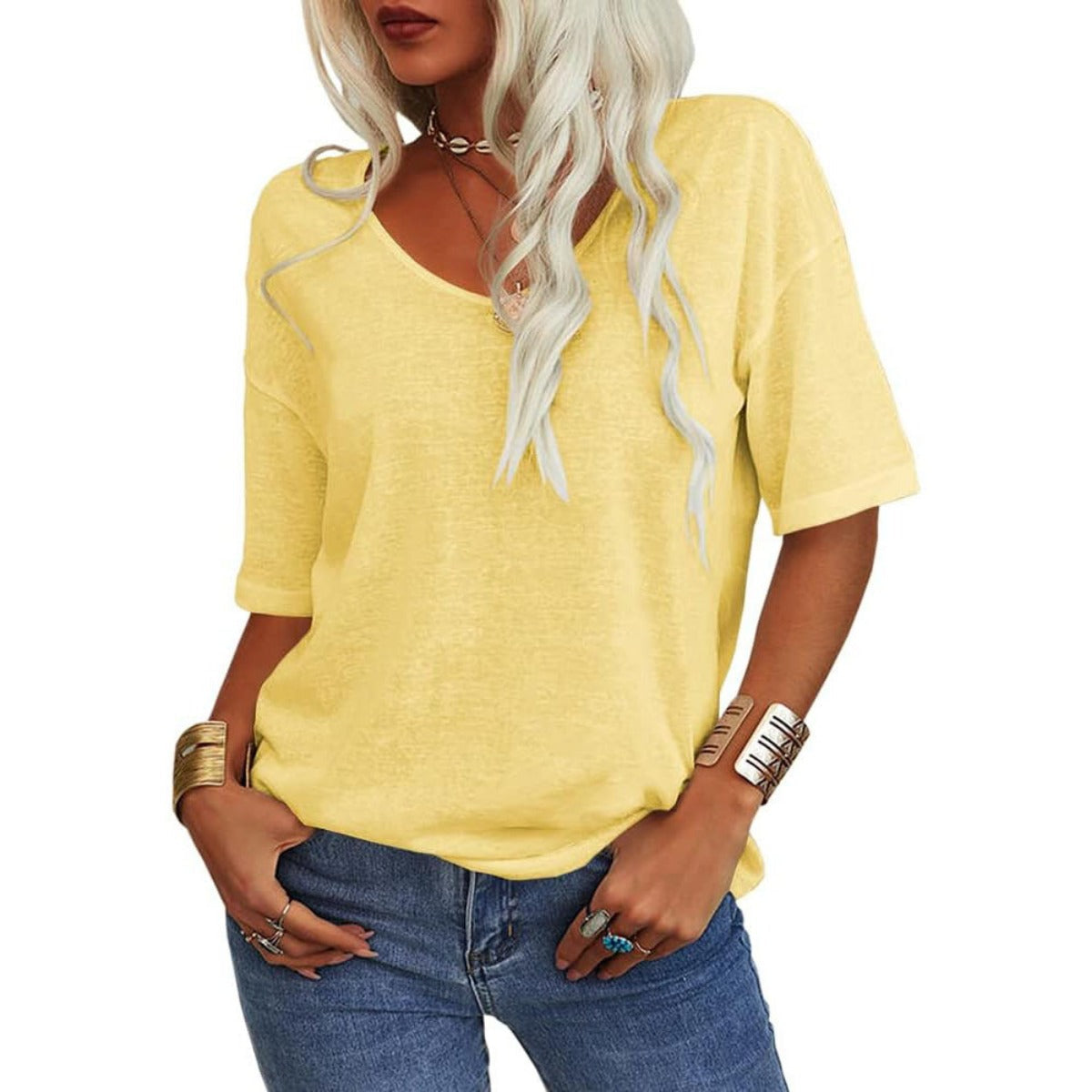 Out-Shine | Loose Shirt With V-Neck And Half Sleeves