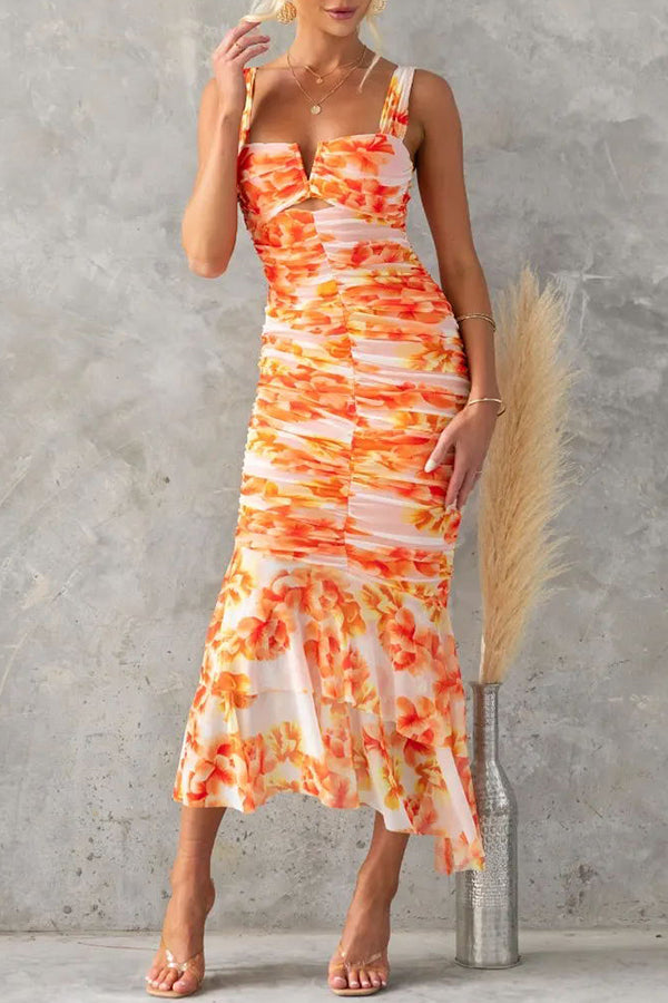 Out-Shine | Perfection Floral Ruched Mesh Overlay Ruffle Hem Maxi Dress