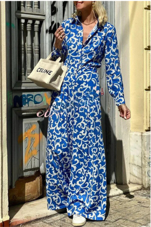 Out-Shine | Print Lapel Button Pocket Long Sleeve Shirt Maxi Dress