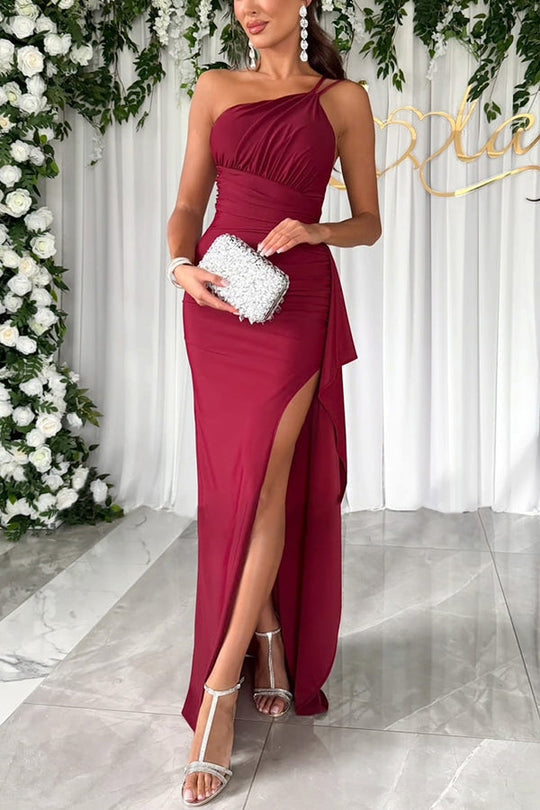 Out-Shine | Love One Shoulder Ruched Waist Ruffle Slit Maxi Dress
