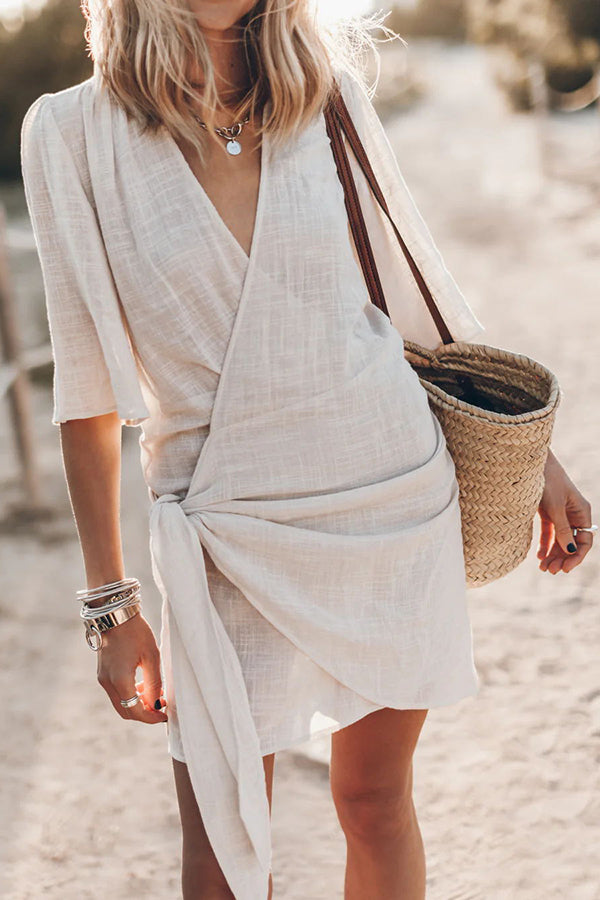 Out-Shine | Stylish Cotton Linen Wrap Mini Dress For Women
