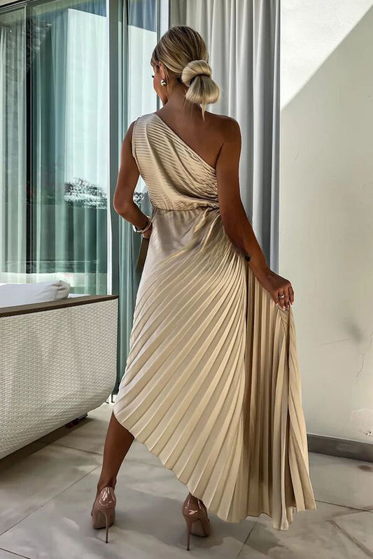 Out-Shine | Nights Satin Raised Flower Elastic Cutout One Shoulder Pleated Maxi Dress