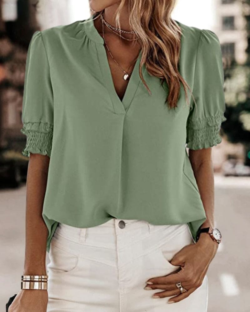 Out-Shine | Casual V-Neck Puff Sleeve Blouse for Women