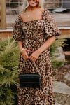 Out-Shine | Leopard Print Puff Sleeve Ricrac Maxi Dress