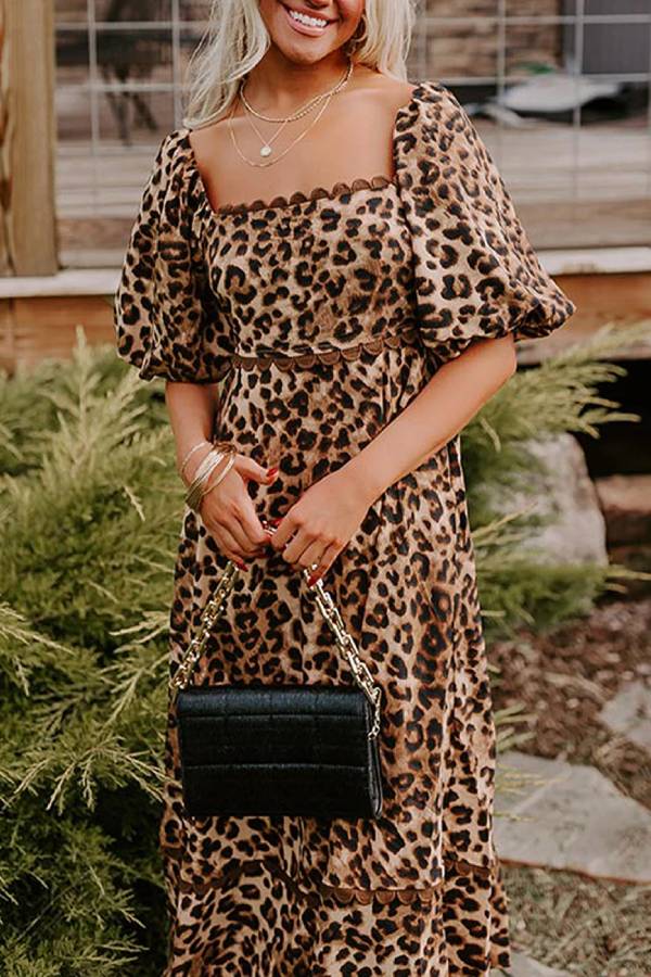 Out-Shine | Leopard Print Puff Sleeve Ricrac Maxi Dress