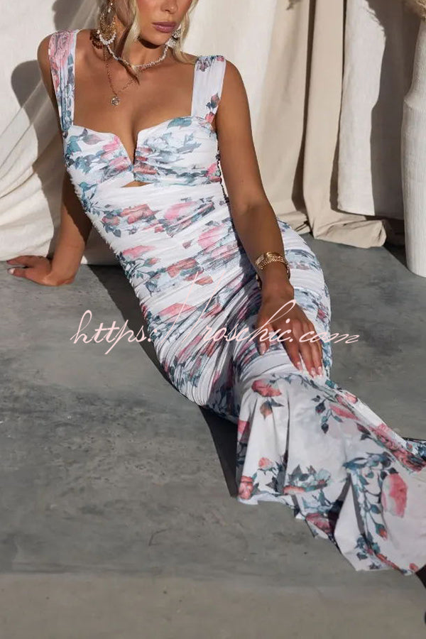 Out-Shine | Perfection Floral Ruched Mesh Overlay Ruffle Hem Maxi Dress
