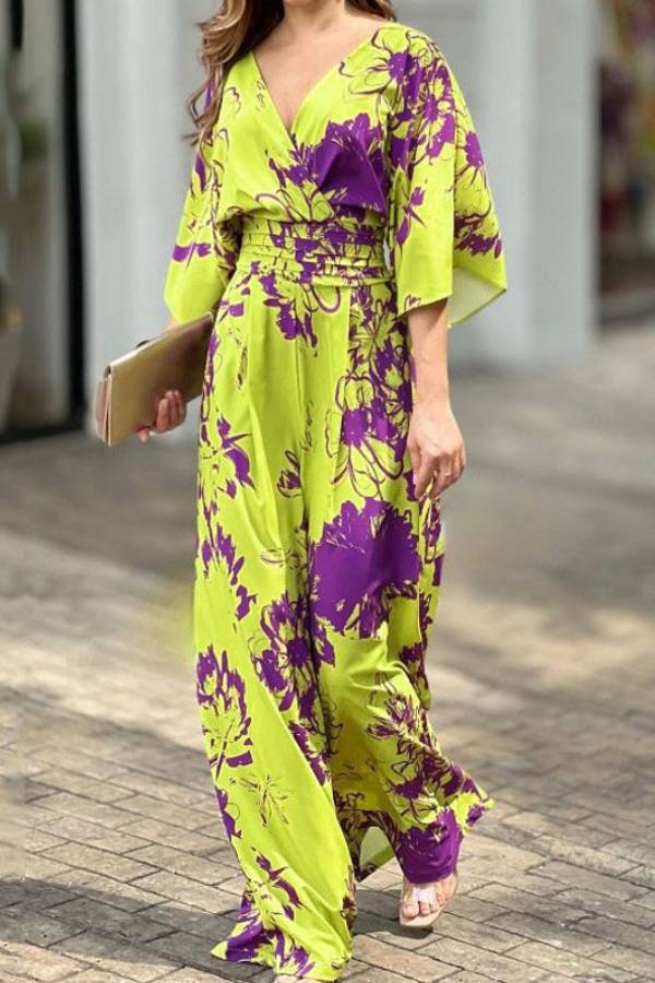 Out-Shine | Sleeved Floral Print Stretch High Rise Maxi Jumpsuit