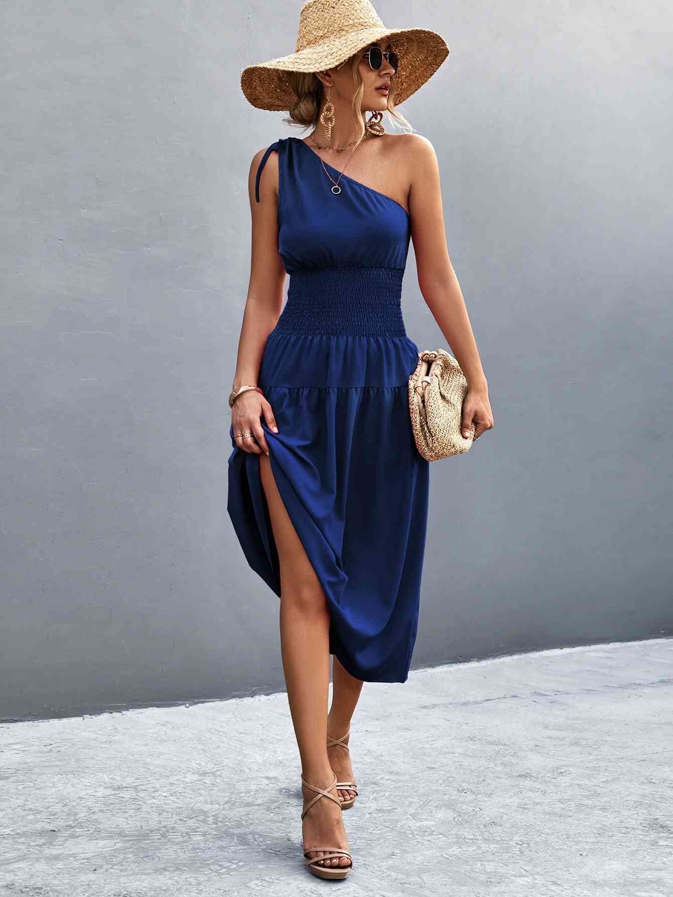 Out-Shine | Asymmetrical One Shoulder Smocked Waist Midi Dress