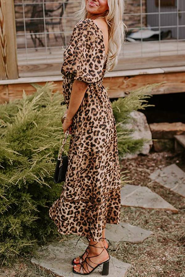 Out-Shine | Leopard Print Puff Sleeve Ricrac Maxi Dress