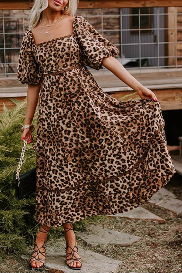 Out-Shine | Leopard Print Puff Sleeve Ricrac Maxi Dress