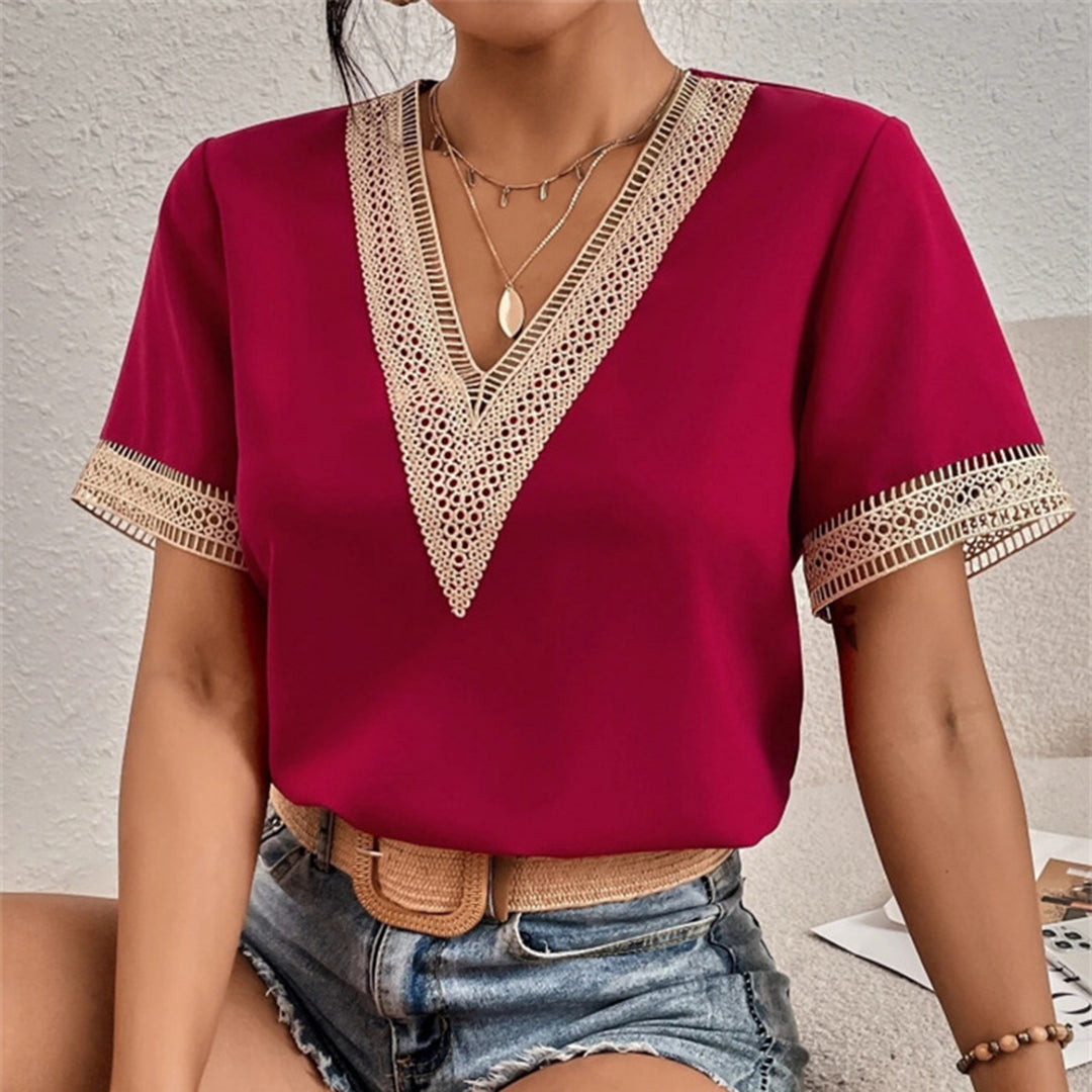 Out-Shine | Women's V Neck Gold Accent Blouse Short Sleeves