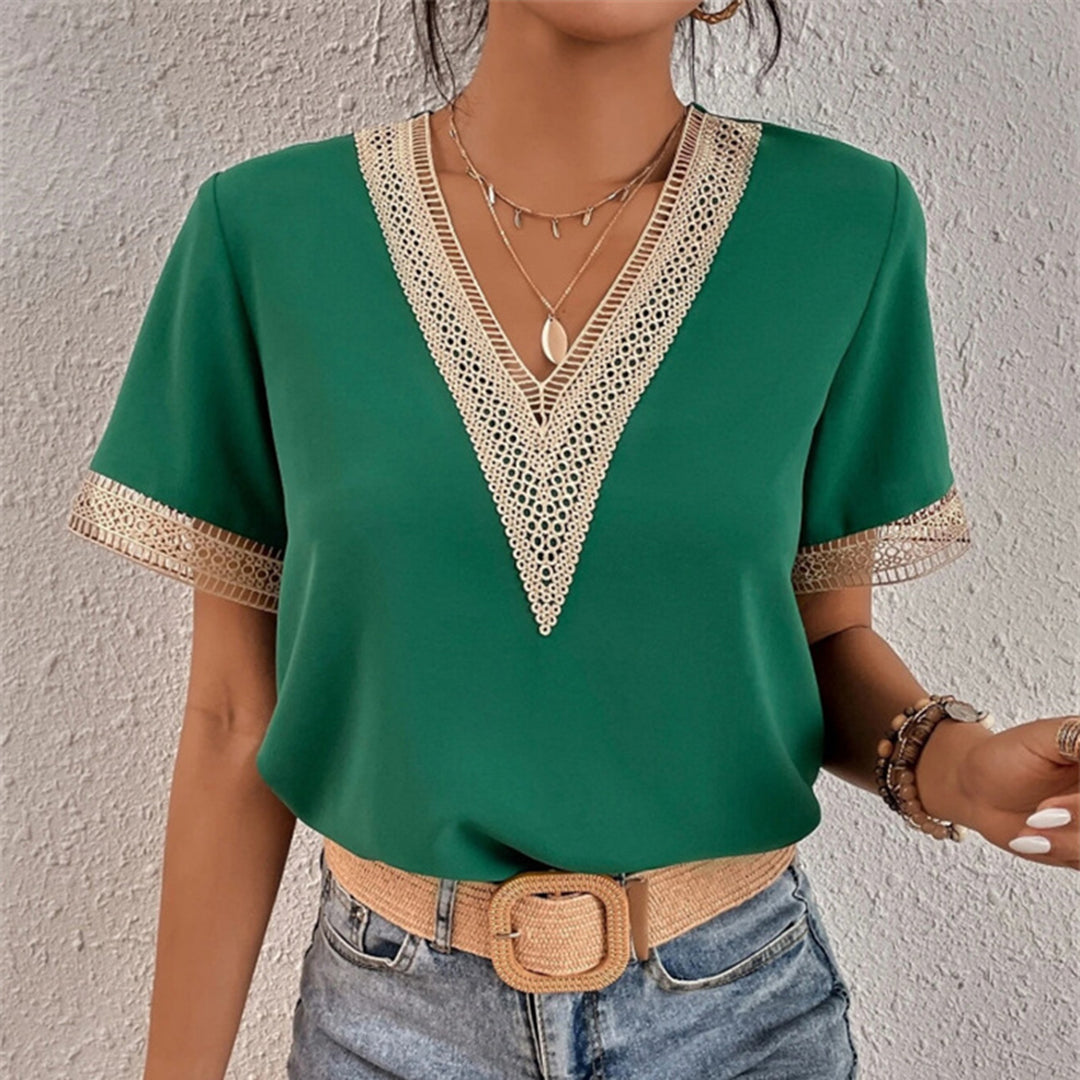 Out-Shine | Women's V Neck Gold Accent Blouse Short Sleeves