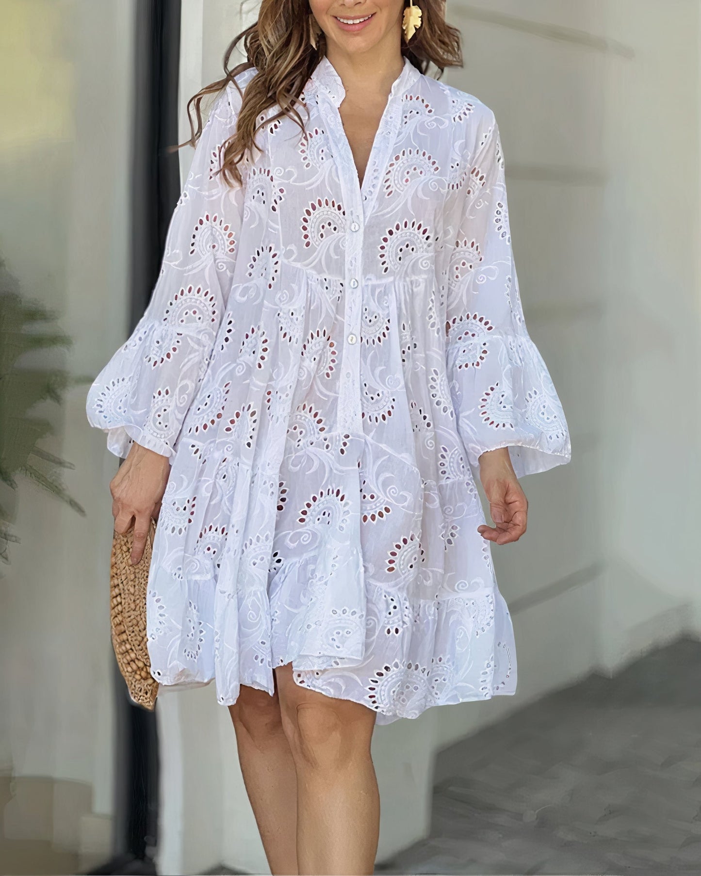 Out-Shine | Fashionable Puff Sleeves Dress V-Neck