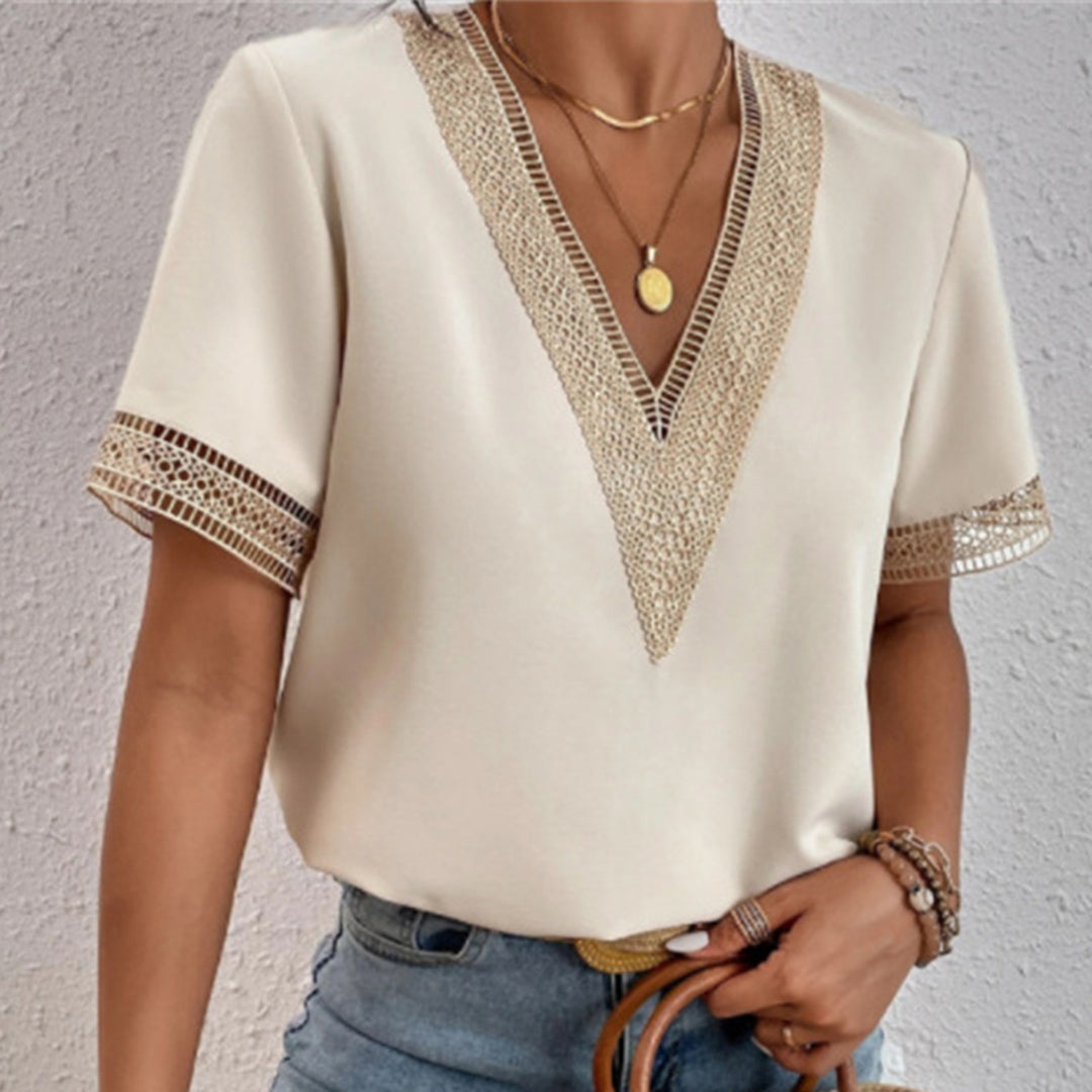 Out-Shine | Women's V Neck Gold Accent Blouse Short Sleeves