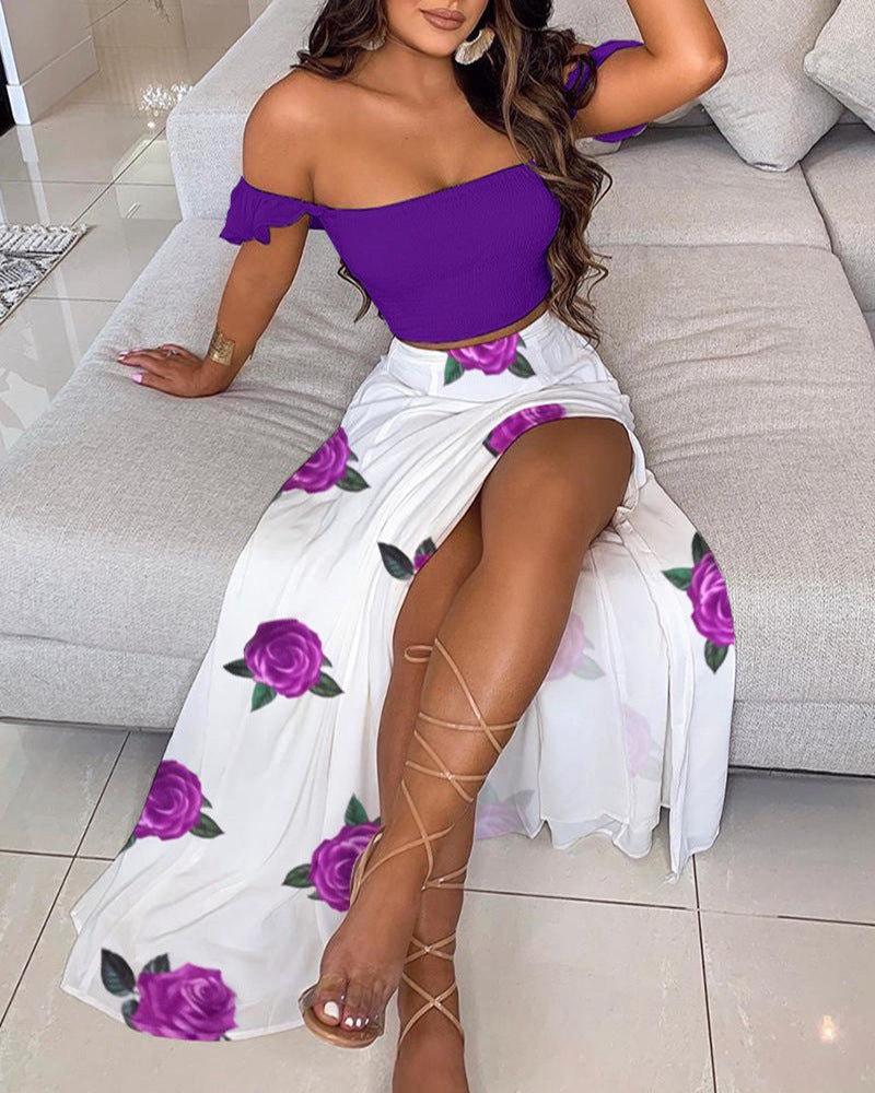Out-Shine | Printed Mid-Length Sexy Off-Shoulder Top Slit Long Skirt Set