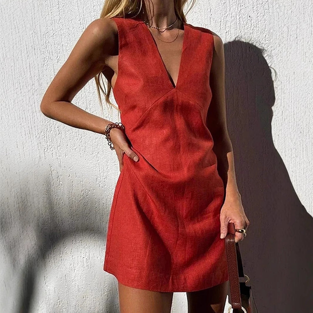 Deslumbra | Vestido camisero ajustado sin mangas con cuello en V de algodón y lino