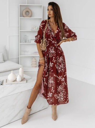 Out-Shine | Short Sleeve Split Chiffon Printed Maxi Dress