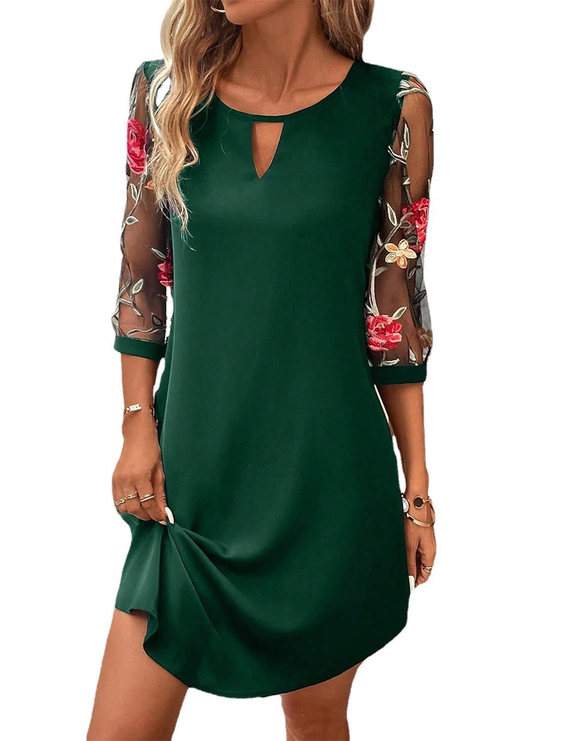 Out-Shine | Quarter Sleeve Waist-Tight Dress With Round Neck And Lace Detail