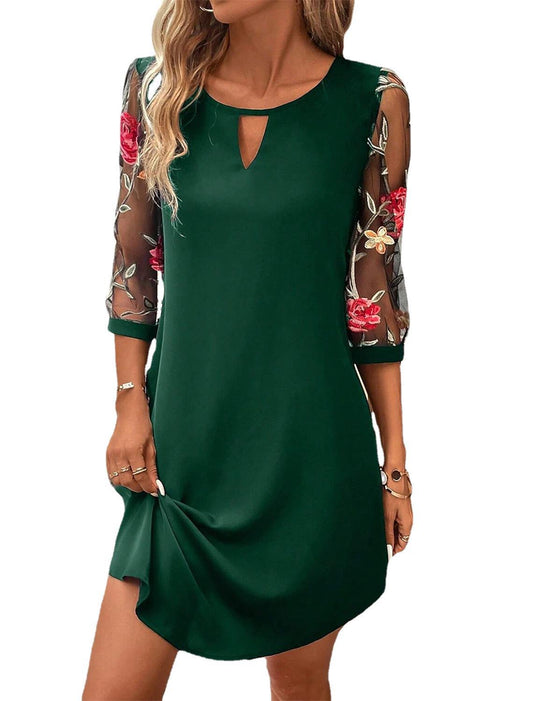 Out-Shine | Quarter Sleeve Waist-Tight Dress With Round Neck And Lace Detail