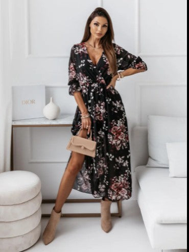 Out-Shine | Short Sleeve Split Chiffon Printed Maxi Dress