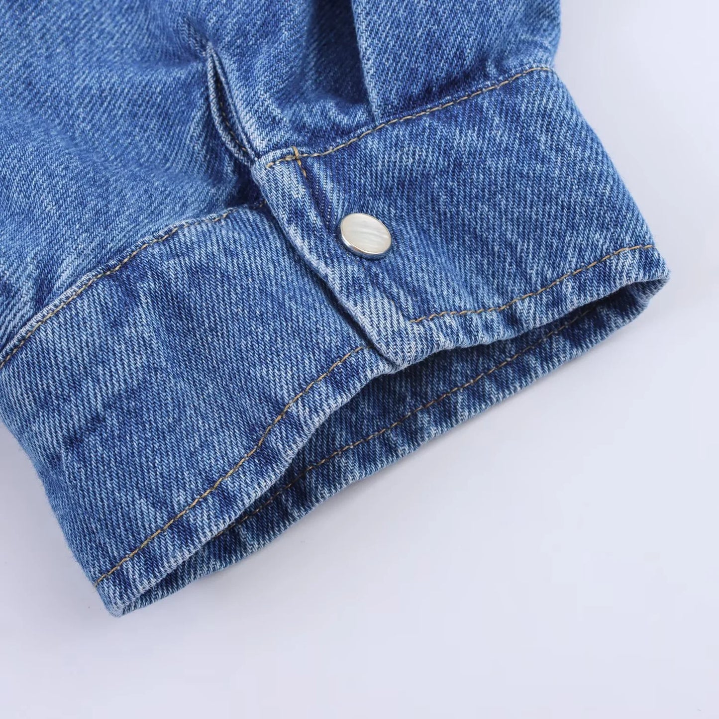 Out-Shine | Bow-Detailed Puff Short Sleeve Round Neck Denim Shirt