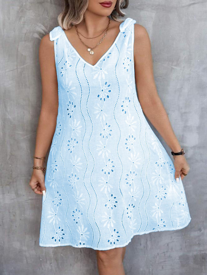 Out-Shine | Embroidered Hollow Lace Sleeveless V Neck Dress