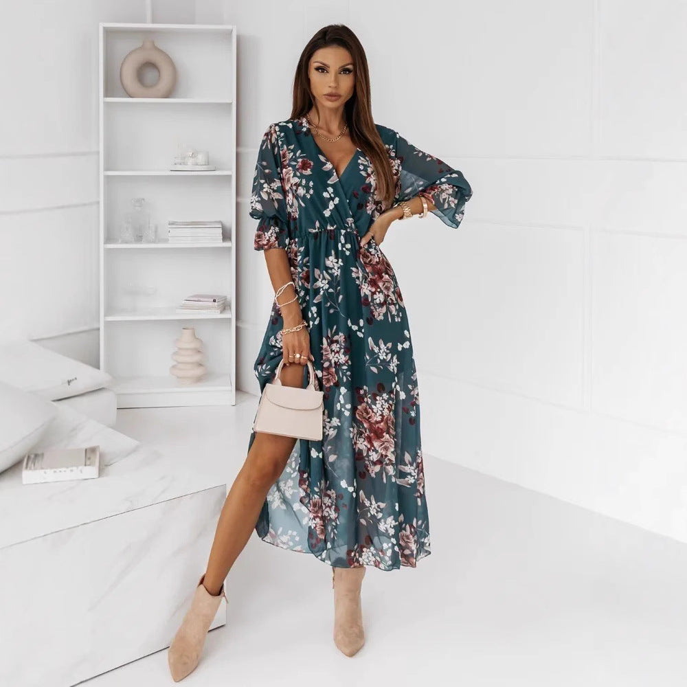 Out-Shine | Short Sleeve Split Chiffon Printed Maxi Dress