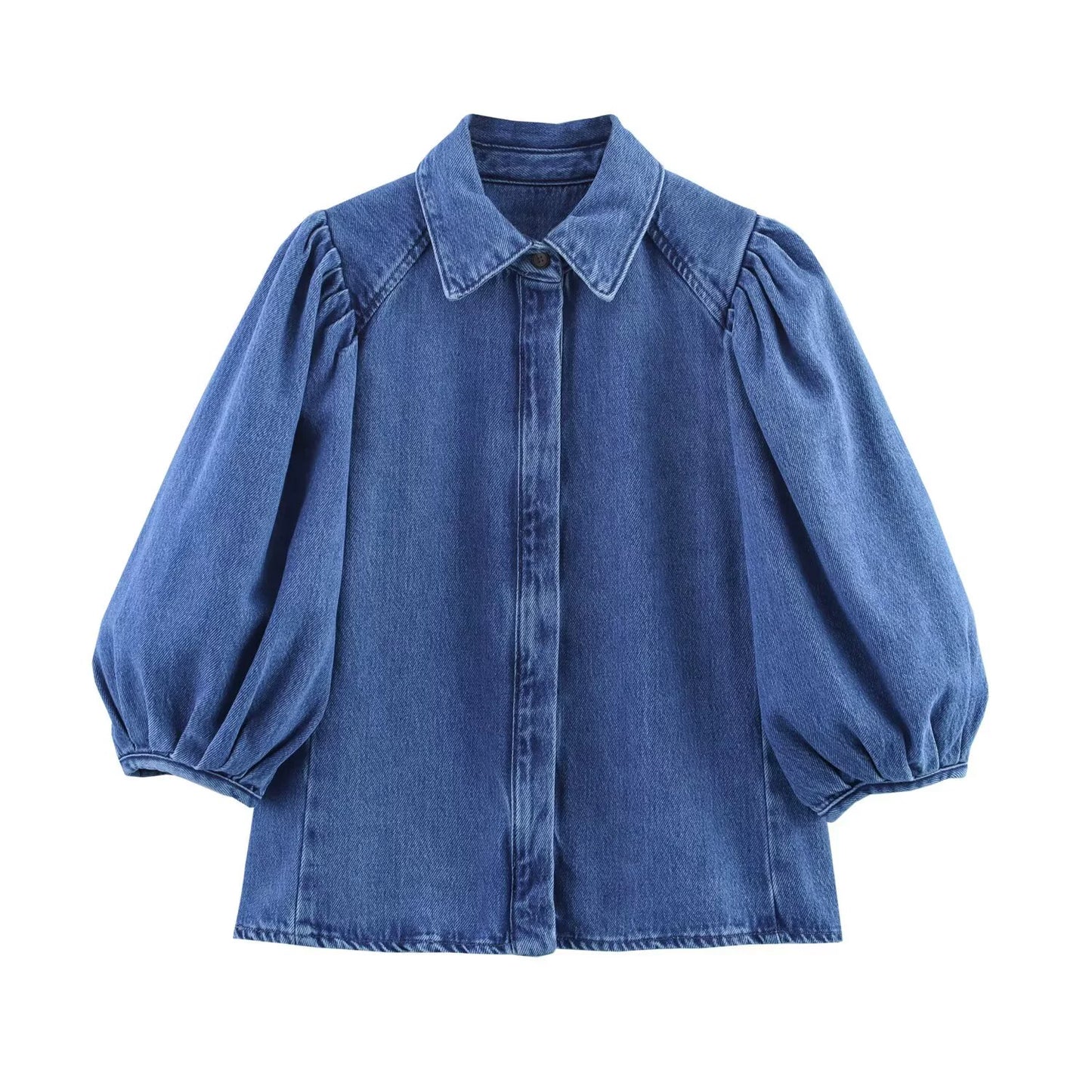 Out-Shine | Women's New Retro Style Collar Puff Sleeve Denim Shirt