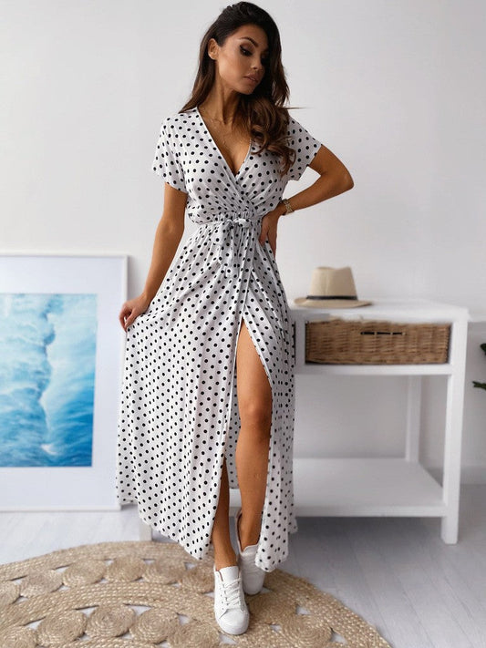 Out-Shine | Printed Polka Dot Ribbon Waist Maxi Dress