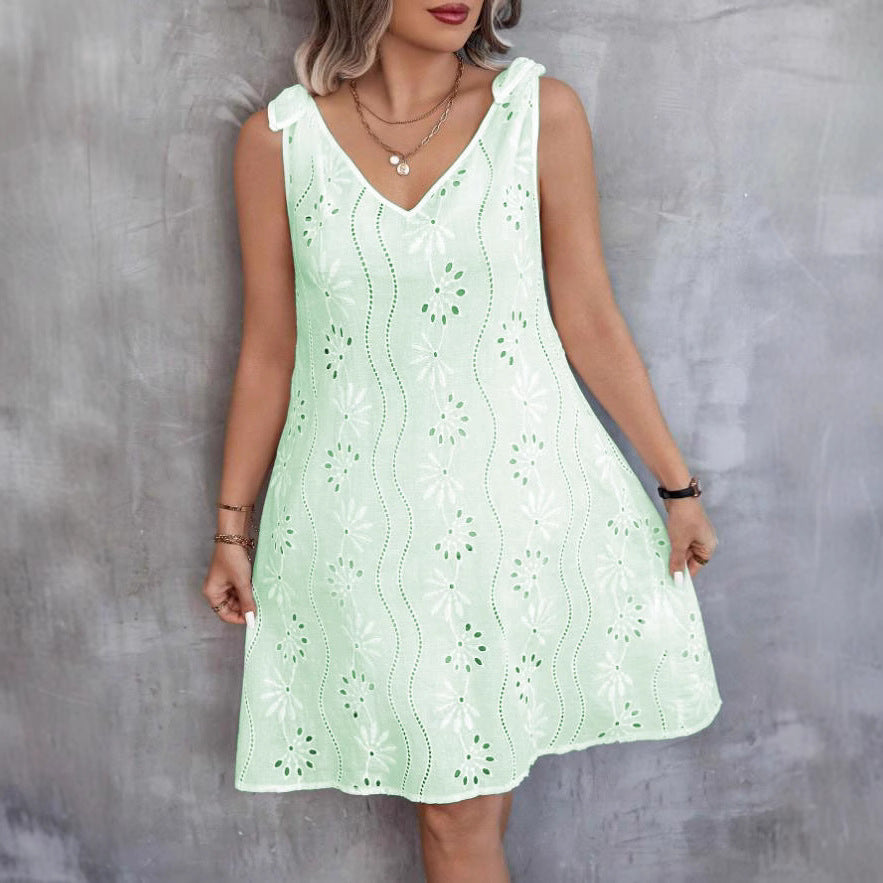 Out-Shine | Embroidered Hollow Lace Sleeveless V Neck Dress